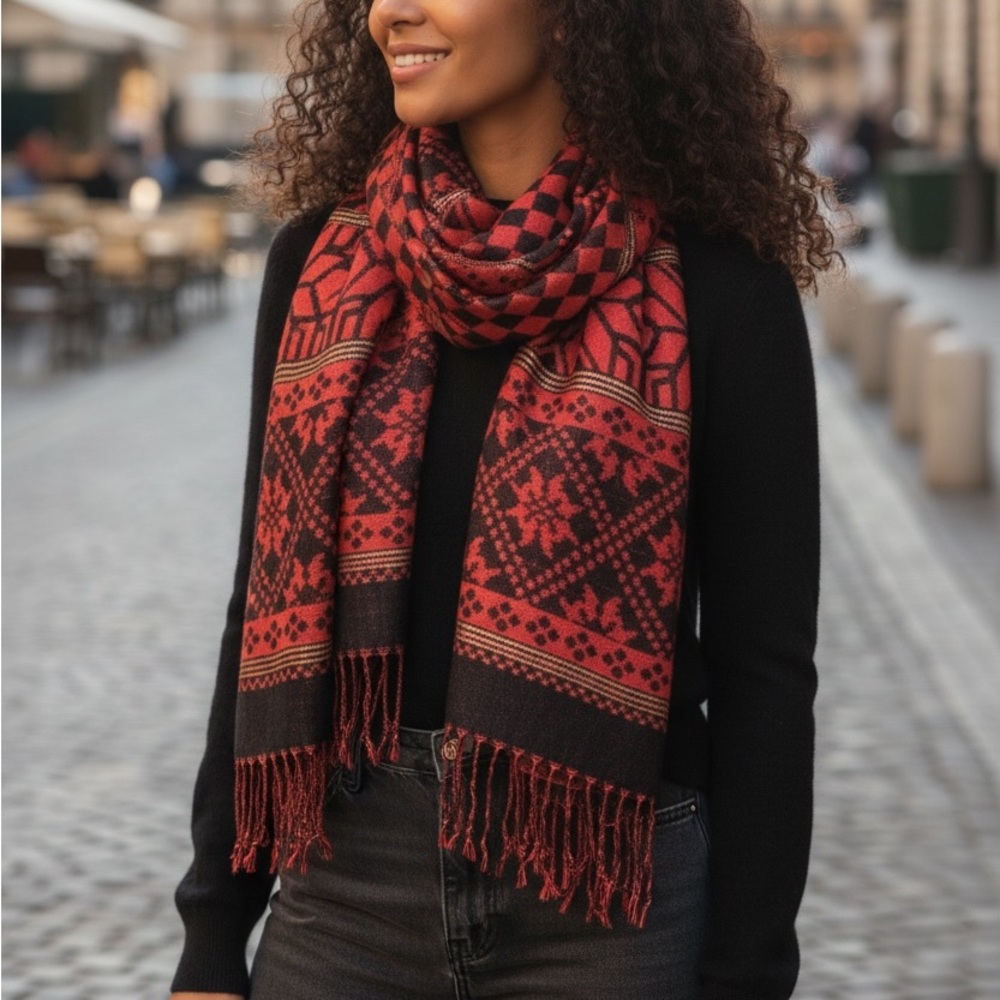Pashmina Red and Black Geometric Scarf
